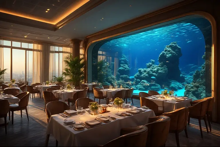 A dining table set for two next to the giant floor-to-ceiling aquarium at Al Mahara, Burj Al Arab.