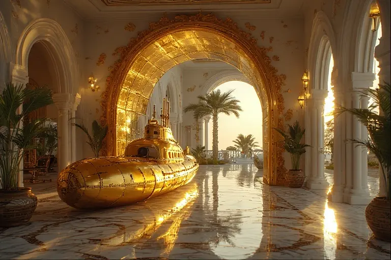 The unique golden entrance designed to look like a submarine at the Al Mahara restaurant, Burj Al Arab.