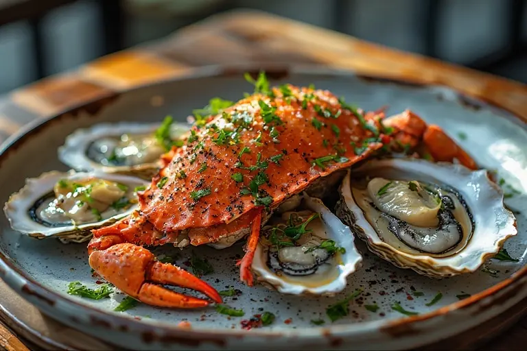A close-up of a fine-dining seafood dish served at Al Mahara restaurant, Burj Al Arab.