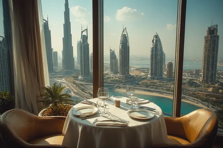 The view of the Dubai skyline at night from a window table at Al Muntaha restaurant in Burj Al Arab.