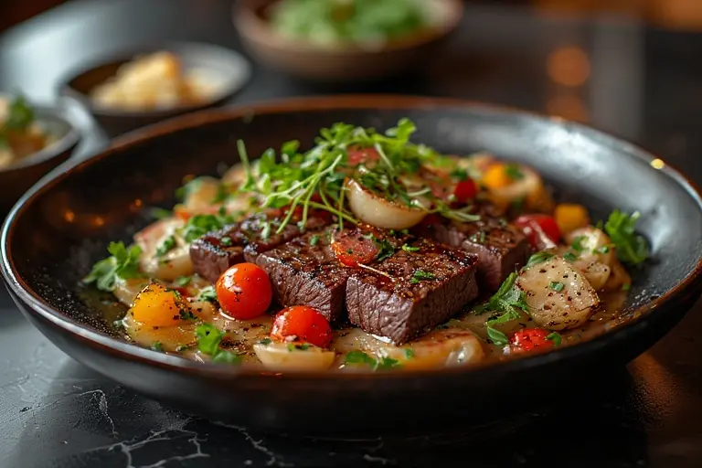 A close-up of a beautifully plated fine-dining dish from the Al Muntaha menu at Burj Al Arab.