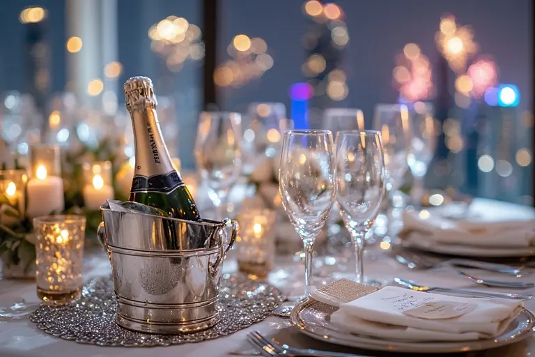 Lavish table setting with crystal glassware and premium champagne at the Atlantis The Royal New Year's Eve Gala Dinner 2025.