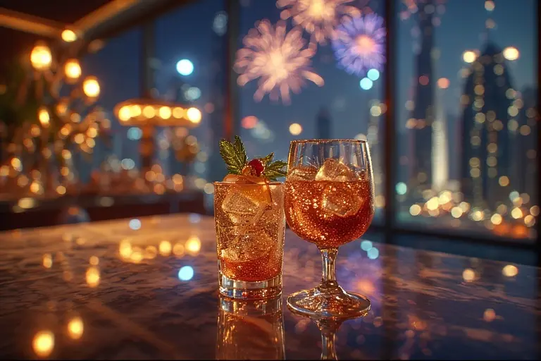 Bespoke, luxury cocktails served at a high-end rooftop bar in Downtown Dubai.
