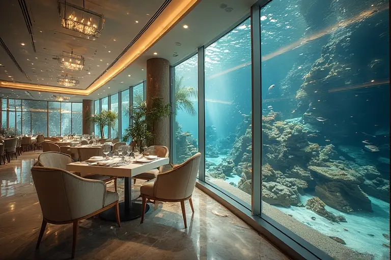 A dining table set for two next to the large, glowing blue aquarium inside Al Mahara restaurant at Burj Al Arab.