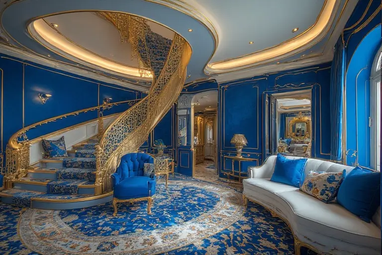The interior of a duplex suite at Burj Al Arab, showing the grand spiral staircase and luxury lounge area.