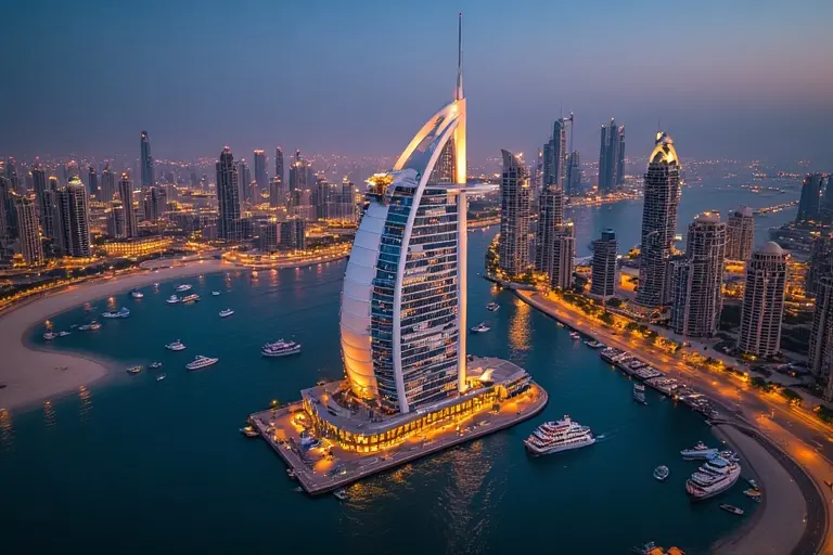 The Burj Al Arab Jumeirah hotel lit up at night, showing its iconic sail shape and private bridge.