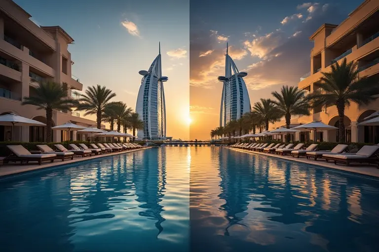 A comparison of peak vs. off-season at Burj Al Arab, showing the luxury pool terrace.