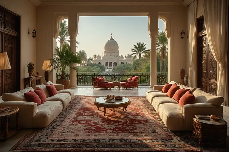 The opulent main lounge of the Royal Suite at Burj Al Arab, filled with gold and red furniture.