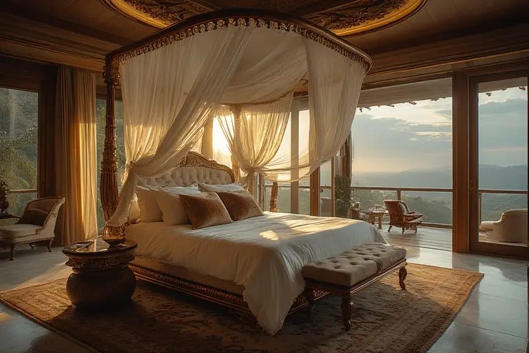 The master bedroom in the Burj Al Arab Royal Suite, showing the rotating bed and gold decor.