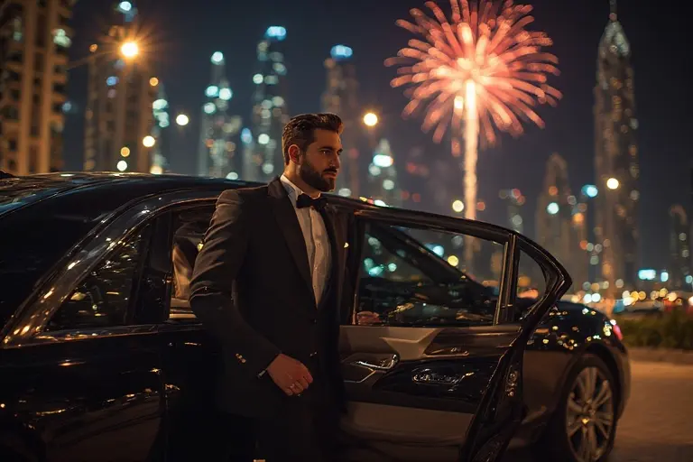 A professional chauffeur opens the door of a Mercedes S-Class in Dubai on New Year's Eve 2026.