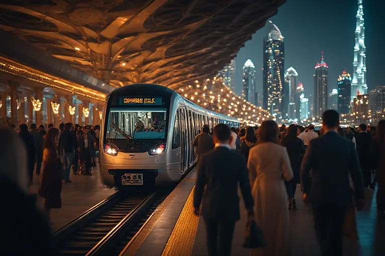 Crowds of elegantly dressed people exiting the Dubai Metro near the Downtown area on New Year's Eve.