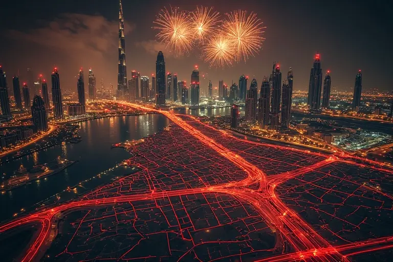 Digital map showing extensive road closures around Burj Khalifa and Downtown Dubai on New Year's Eve.