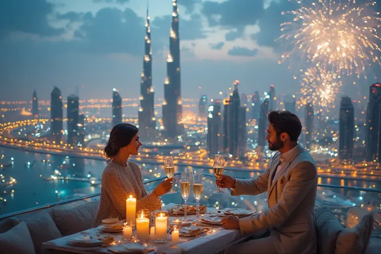 A luxury couple toasts as the Burj Khalifa fireworks explode on New Year's Eve 2026.