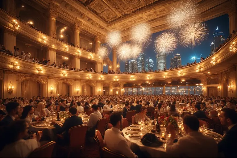 The beautiful interior of the Dubai Opera auditorium filled with elegantly dressed guests for a formal gala.