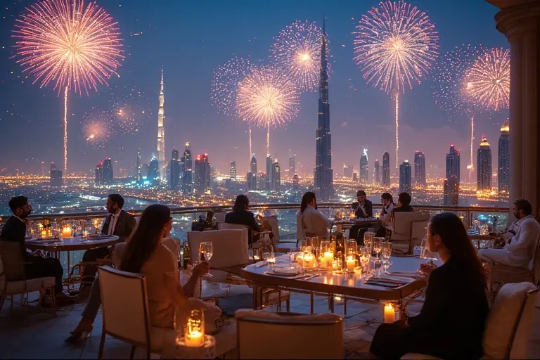 Guests on the exclusive Dubai Opera terrace enjoying the New Year's Eve 2026 Burj Khalifa fireworks.