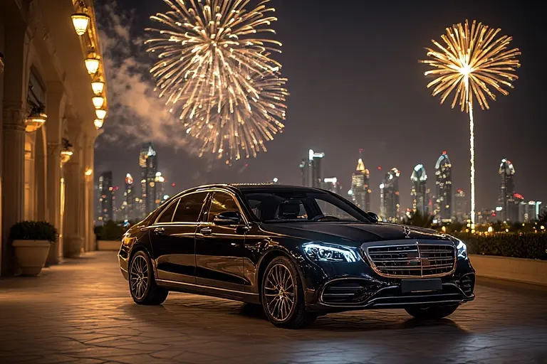 A private luxury chauffeur service awaits guests outside a premium Dubai hotel on New Year's Eve.