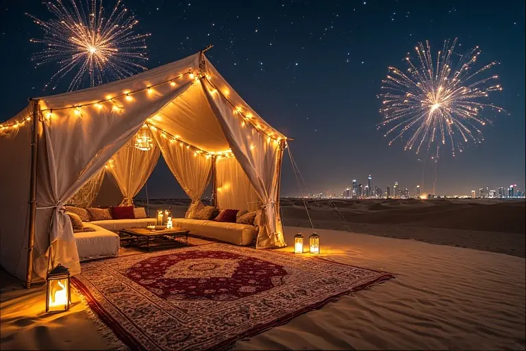 Luxurious glamping tent set up in the serene Arabian desert for a private New Year's Eve celebration.