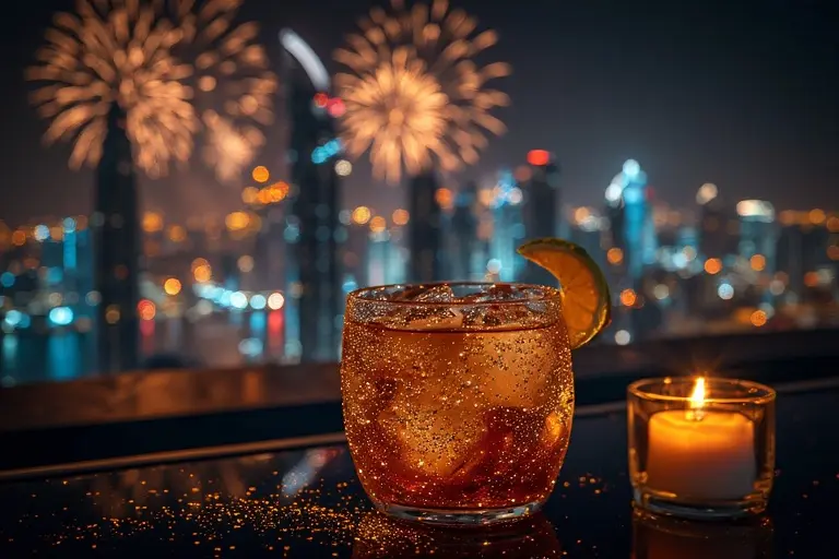 A sophisticated golden cocktail with a luxury bar setting reflecting Dubai's city lights at night.