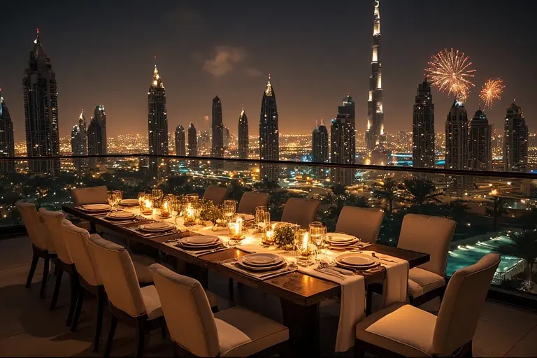 A lavish VIP table set up on a high-end Dubai rooftop for New Year's Eve 2026.