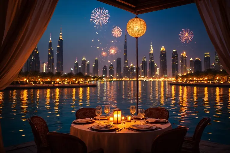 Thiptara floating pavilion offers a magical, front-row dining experience for the Burj Khalifa New Year's Eve fireworks.