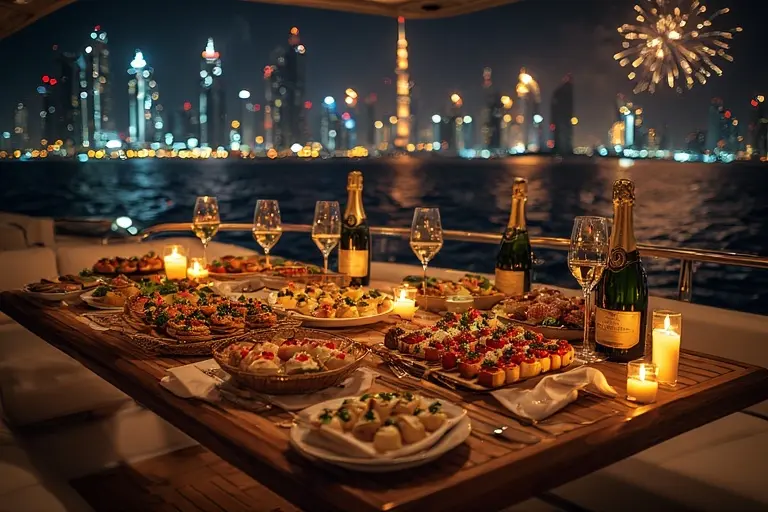 Lavish gourmet catering and champagne laid out for a New Year's Eve private yacht party in Dubai.