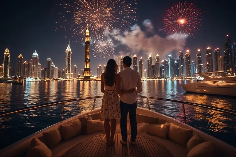 A couple enjoys a peaceful moment on the railing of a private yacht charter in Dubai Marina on New Year's Eve.